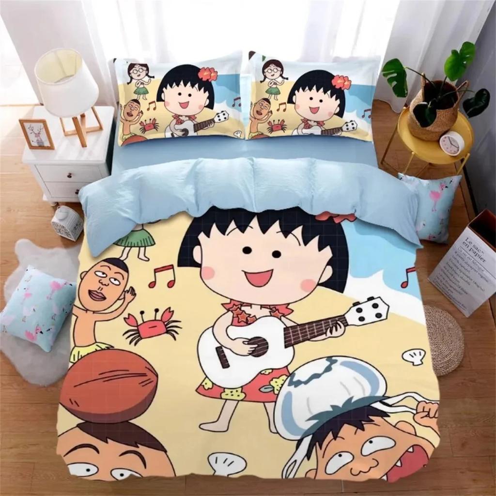 Modern Printed Maruko-chan Girl Duvet Covers Set, Anime Girl 3-Piece Set Queen Comforter Bedding Sets for Kids Children Girls