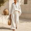 Women's Casual Loose Fit V Neck Long Sleeve Pullover Top and Wide Leg Pants Two Piece Set Comfortable Lounge Wear