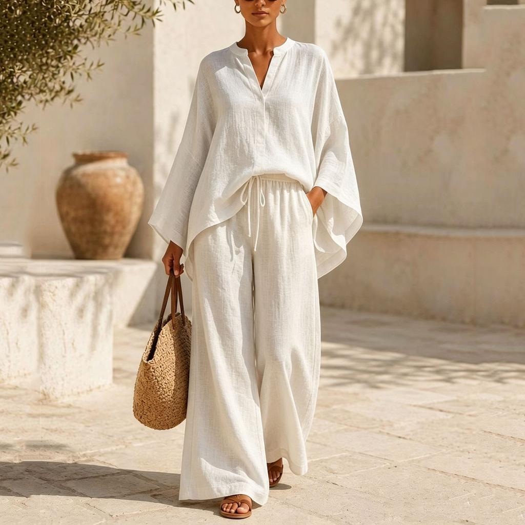 Women's Casual Loose Fit V Neck Long Sleeve Pullover Top and Wide Leg Pants Two Piece Set Comfortable Lounge Wear