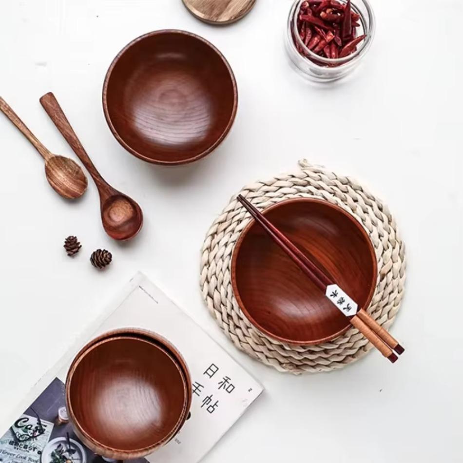 High Quality Eco-friendly Solid Round Wooden Bowl Polished Multi-Functional For Salad Fruits Soup Rice Kitchen Utensil