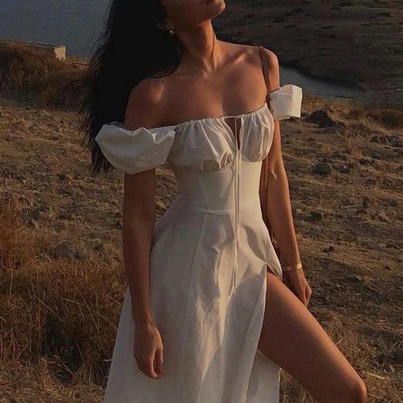 Spring Dresses Women Temperament Commuter Bubble Sleeve Tie Slit Long Skirt