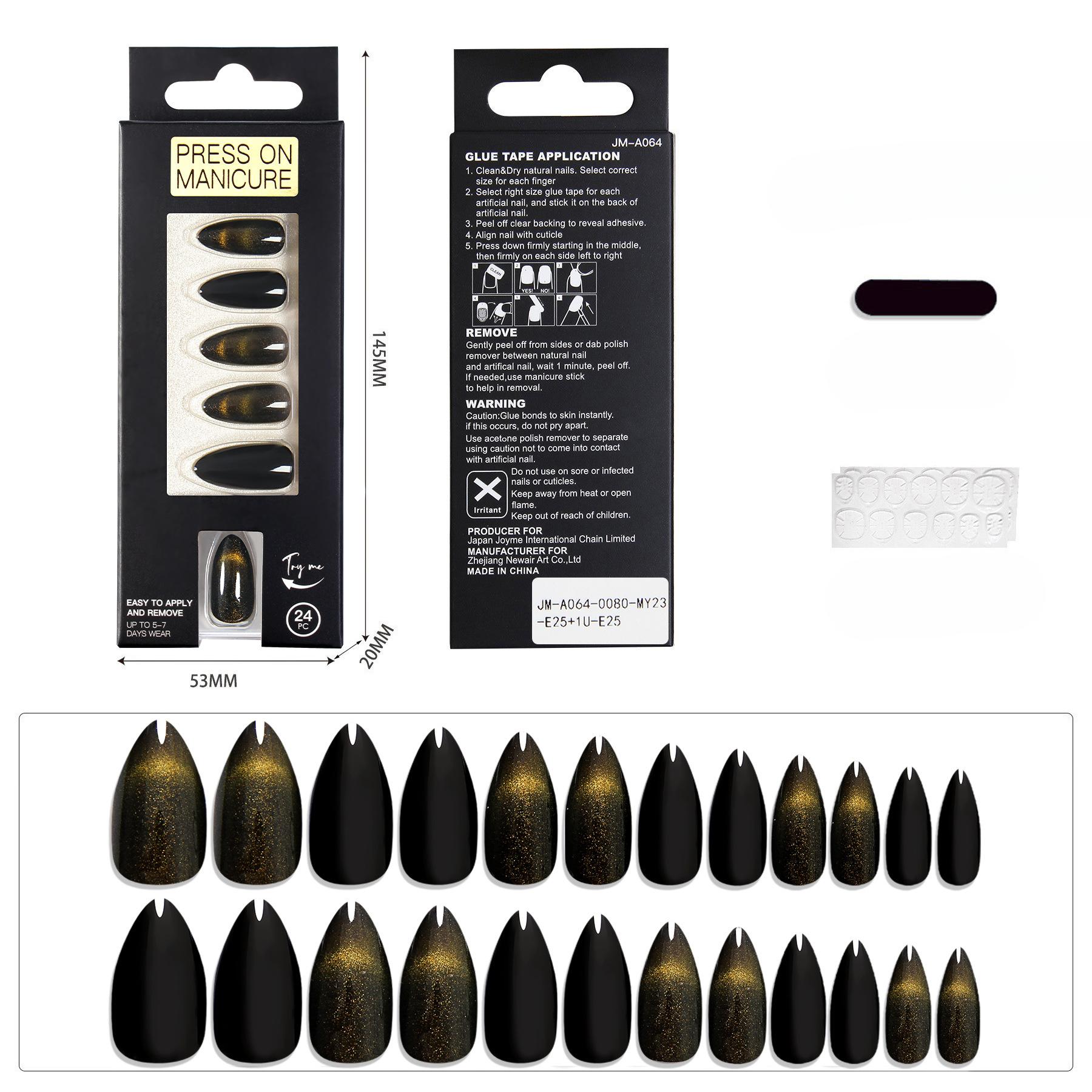 

Черный французский кошачий глаз Носимая броня Однотонный миндальный ноготь Готовый накладной ноготь 24 штуки Европейский и американский