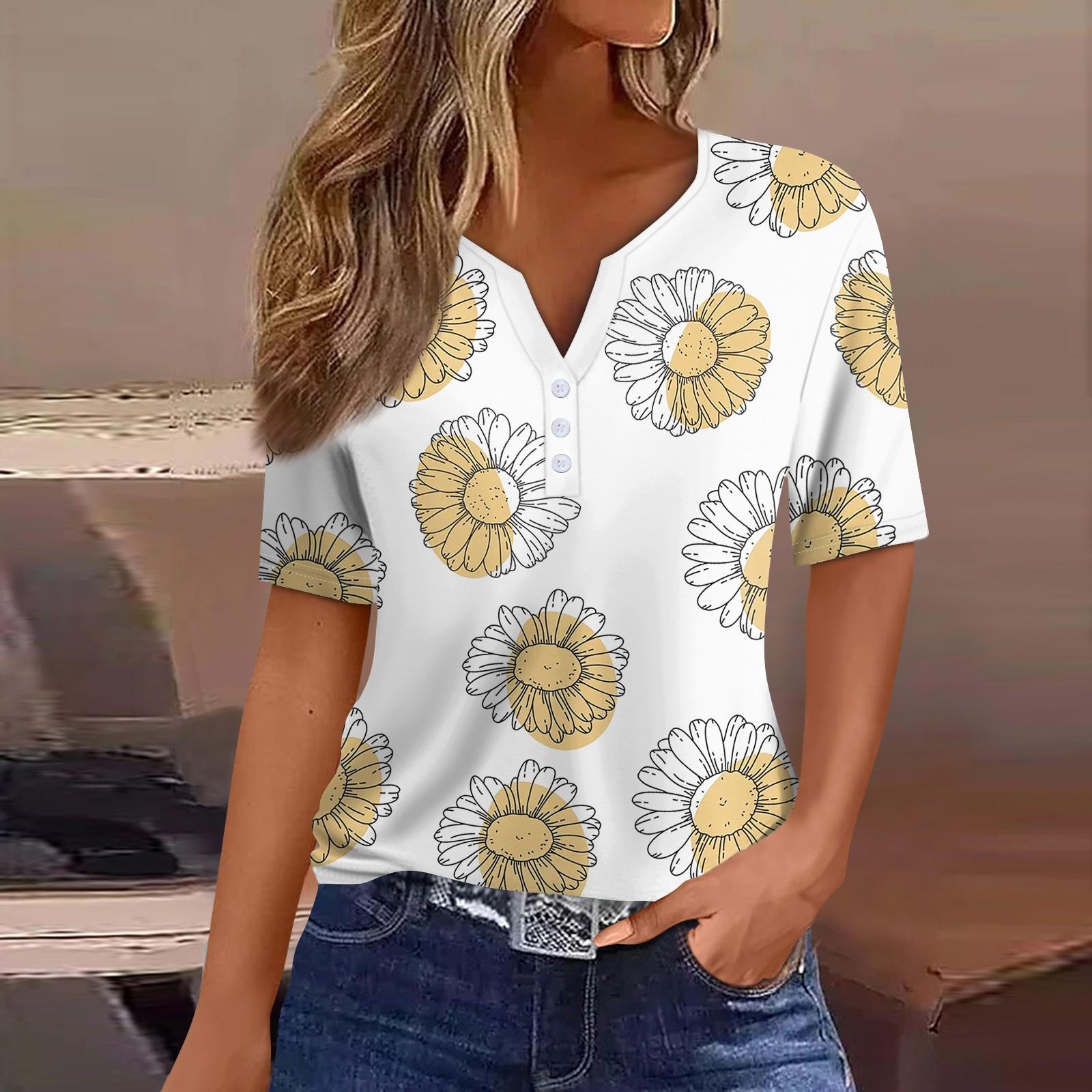 Жен. Футболка Футболка С принтом Пуговицы С короткими рукавами Повседневные Выходные Мода — фото 9