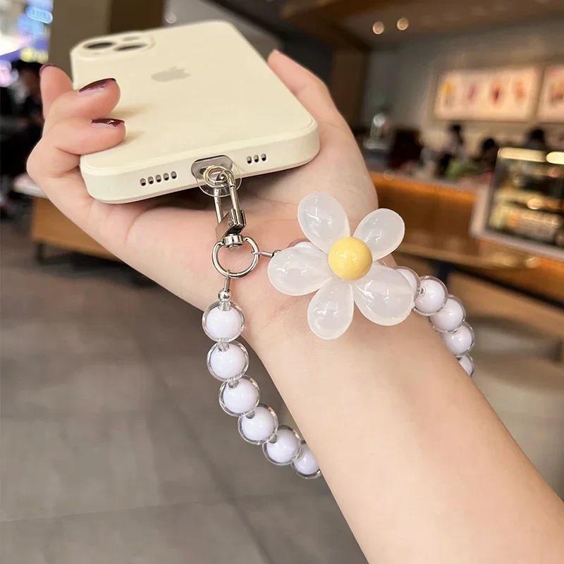 Mobile Phone Lanyard Wrist Rope Handmade Bead Colorful Macaron Round Bead Decoration Phone Case Anti Loss Lanyards Phone Charms