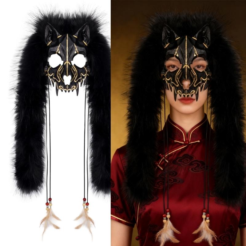 Animal Roleplay Face Cover Lightweight Plastic Structure And Detachable Faux Furs Halloween Accessory