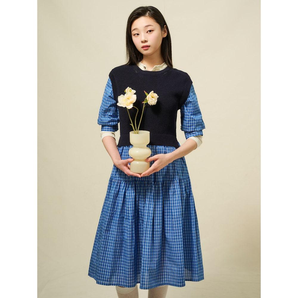 Binpolleidiseu Knit Vest Patch Check Dress Blue (Bf5371C04P)