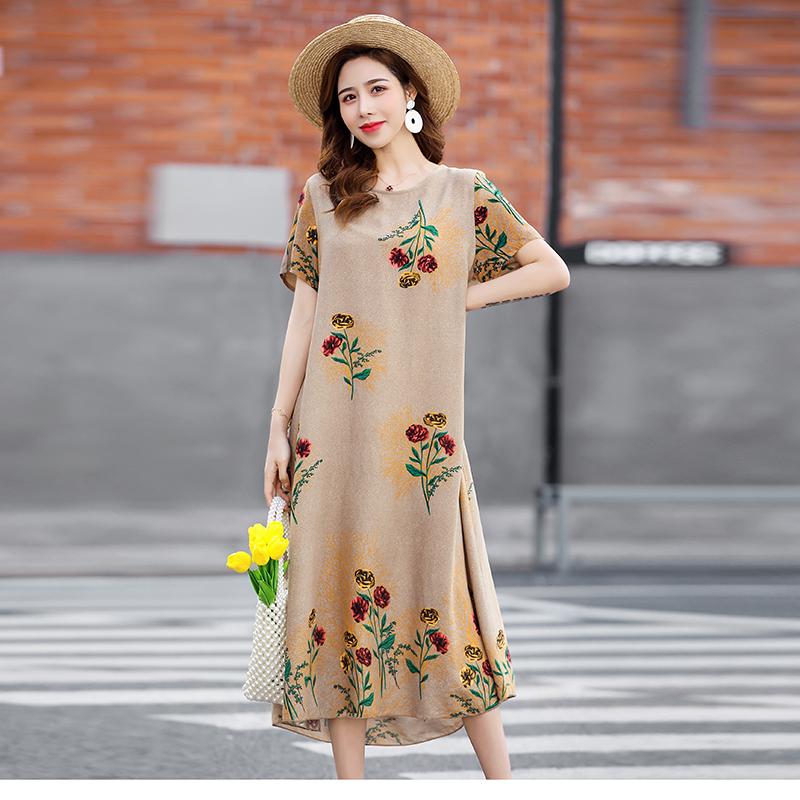Dle Aged Mother Wearing Cotton Silk Dress Summer Dress for Long Vintage Loose Women Elegant Short Sleeve Casual O-neck Dresses Print Woman Clothing