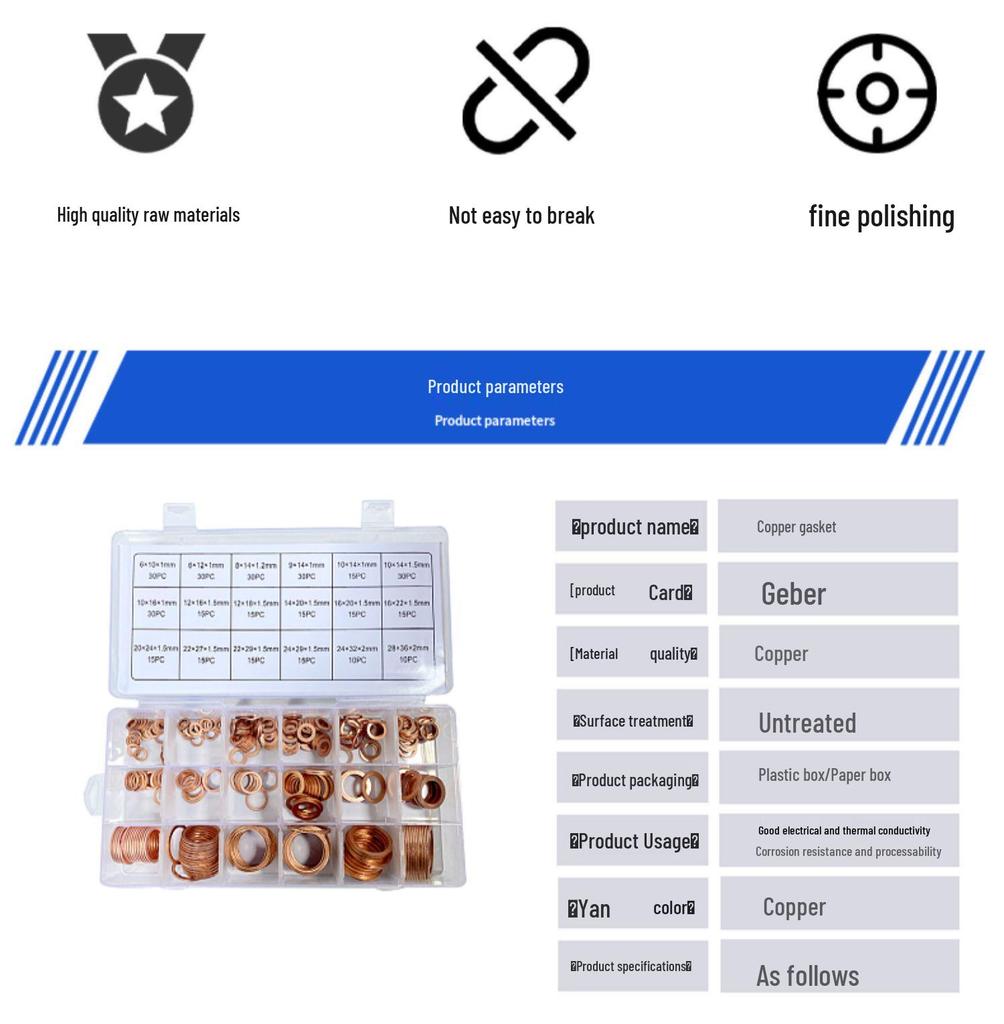 Red Copper Ring Gasket Repair Kit - Auto Parts Toolbox with Flat Gaskets