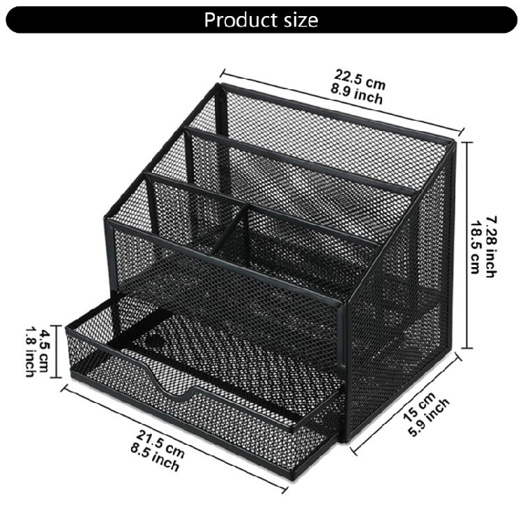 Desktop Metal Pen Organiser with Drawer 5 Compartments Desk Storage Tray Large Capacity Pen Container For Office School