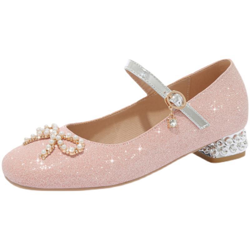 Girls Spring Princess Shoes 2025 New Girls Square Head Thick Heel Low Top Bow Sequins Student Children's Single Shoes