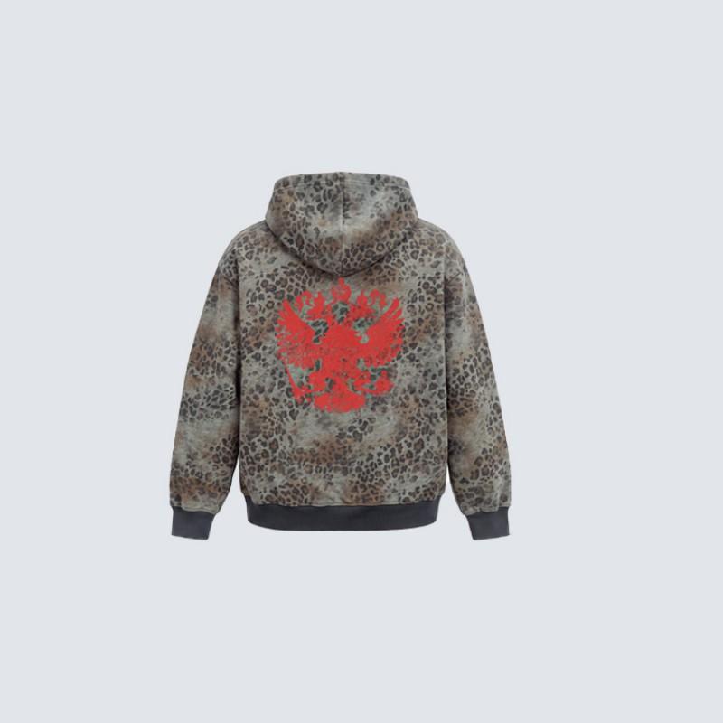 Vintage Leopard Print Hooded Zip-Up Sweatshirt With Red Thorn Studs Streetwear Unisex Oversized Casual Top
