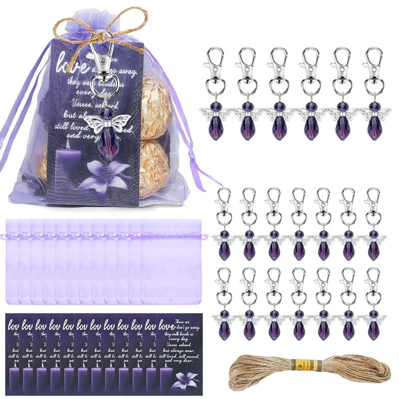 20 Set Funeral Favors, Celebration Of Life Favors Angel Keychains Organza Bags Sympathy Thank You Tags For Memorial Supplies