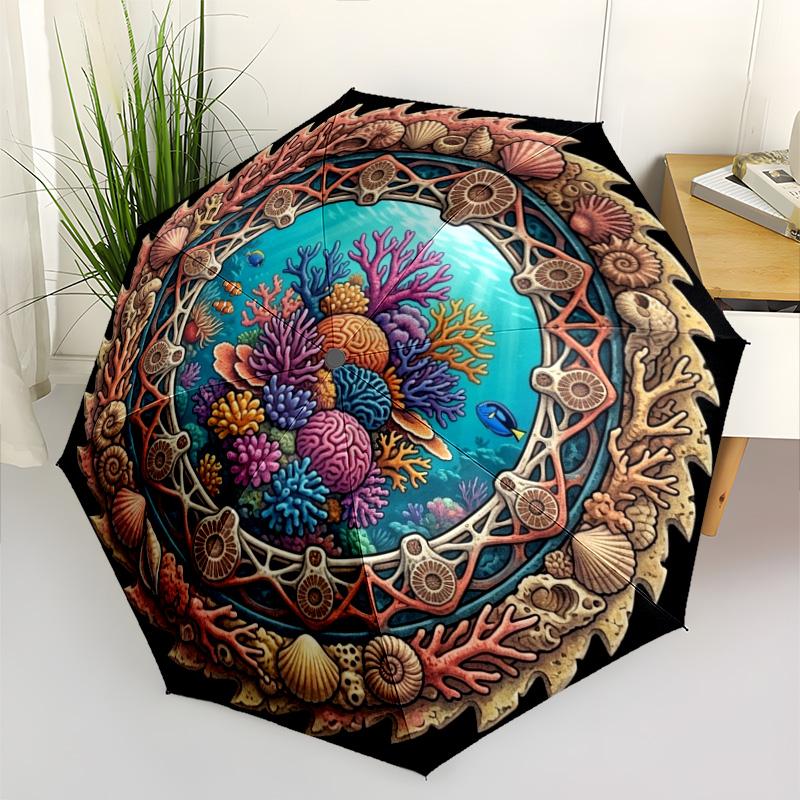 Underwater Coral Reef Scene Pattern Umbrella, Portable and Foldable Design, 8 Ribs, a Casual Accessory for Halloween, Christmas, and Birthday Gifts.