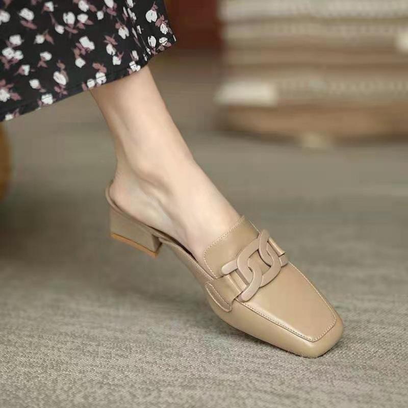 Summer new metal buckle square head thick heel sandals medium heel half drag women's slippers lazy slippers women
