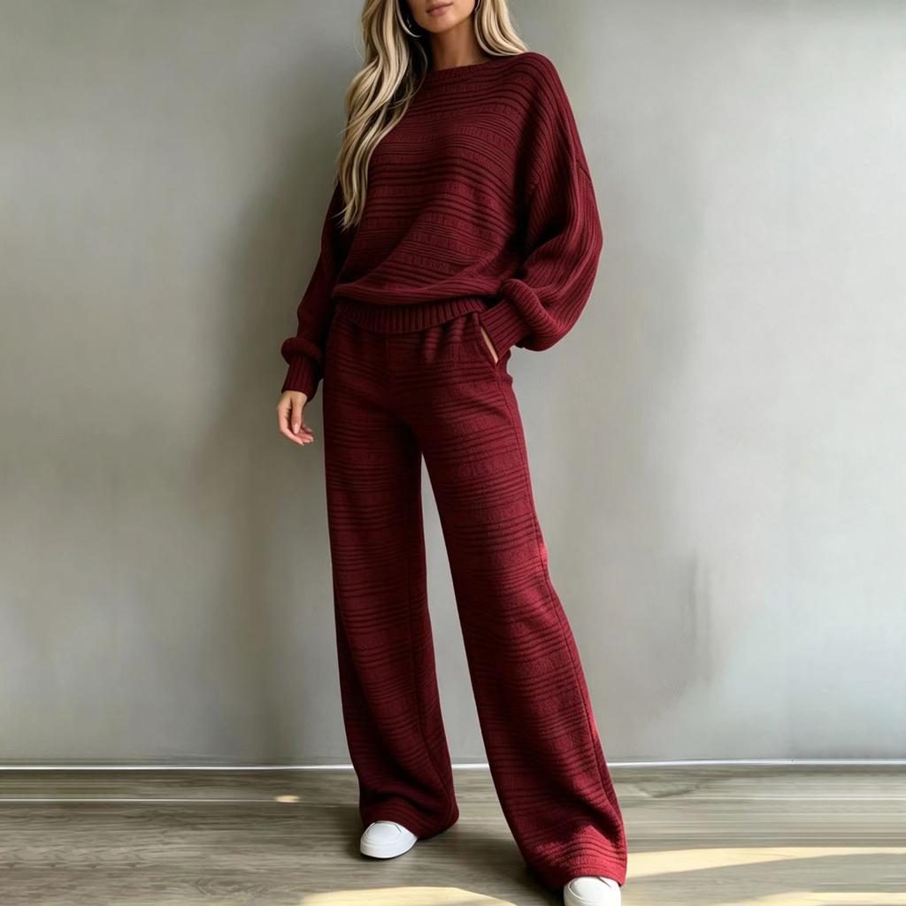 Women's Ribbed Knit Two-Piece Set Long Sleeve Top and Wide Leg Pants Casual Outfit