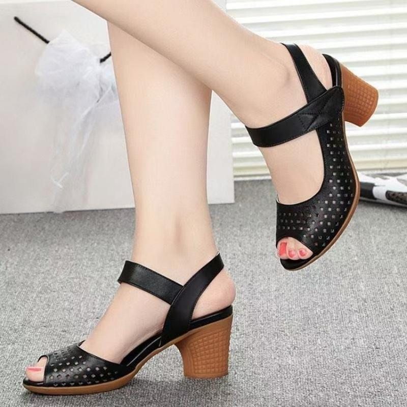 Mid-heel, Thick-heeled, Hollowed-out Women's Sandals with Velcro, Retro and Simple Fish-mouth Shoes