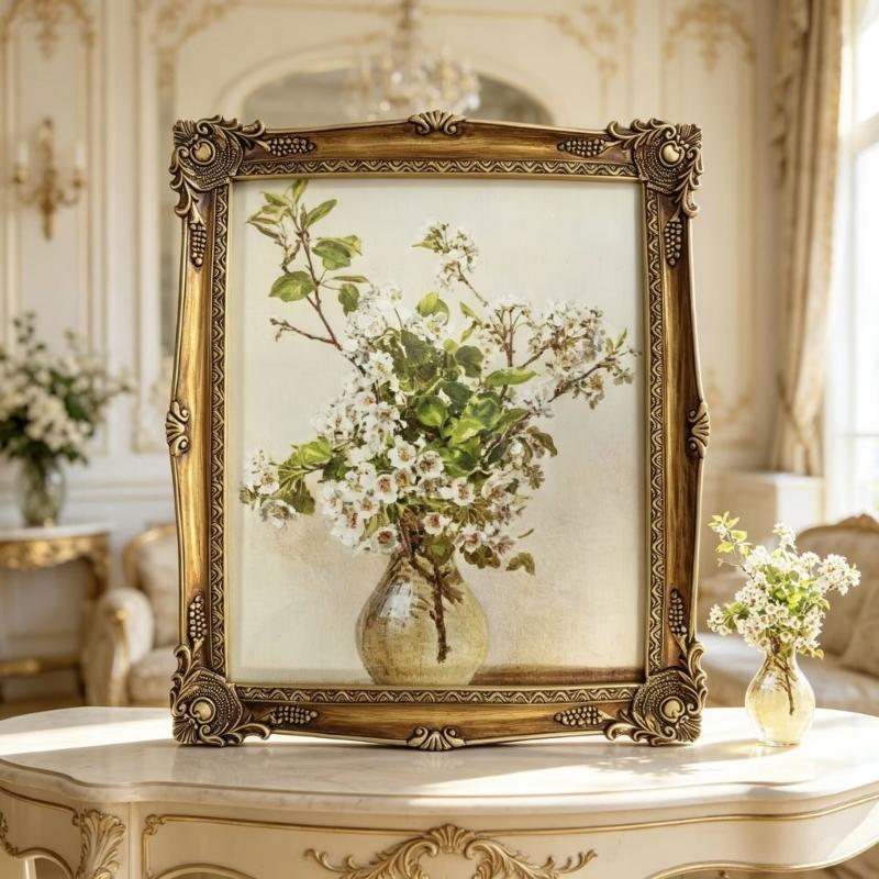 Living Room Wall Art Picture Frame, Ornate Resin Florals Artwork Framed Decors with European Relief Detailing, Decorative Photo Frame for Bedroom and