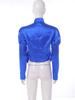 Women Victorian Blazer Stand Collar Long Puff Sleeves Button Satin Jacket Asymmetrical Blouse for Office Business Casual Theme Party