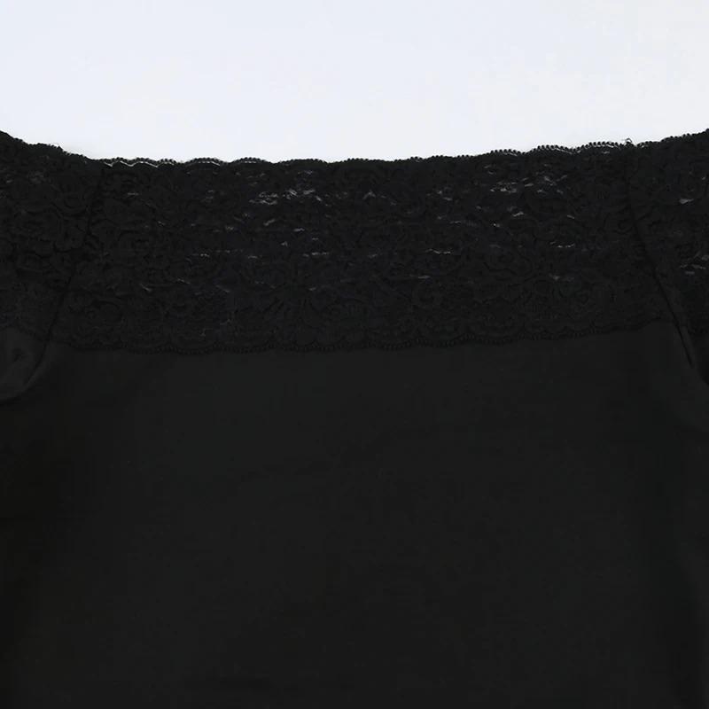 Crop top cu dantelă neagră cusut cu gât tăiat, tricouri cu mânecă lungă, sexy, subțire, pentru femei Harajuku Y2k, tricouri de toamnă de bază