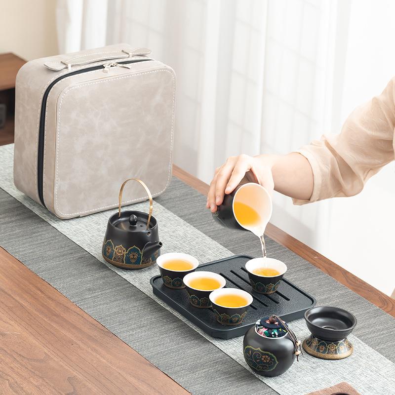 Premium Simple Kung Fu Tea Set Small Set Light Luxury Beam Set Business Companion Ceremony Printing Complete Set of Portable Tea Set