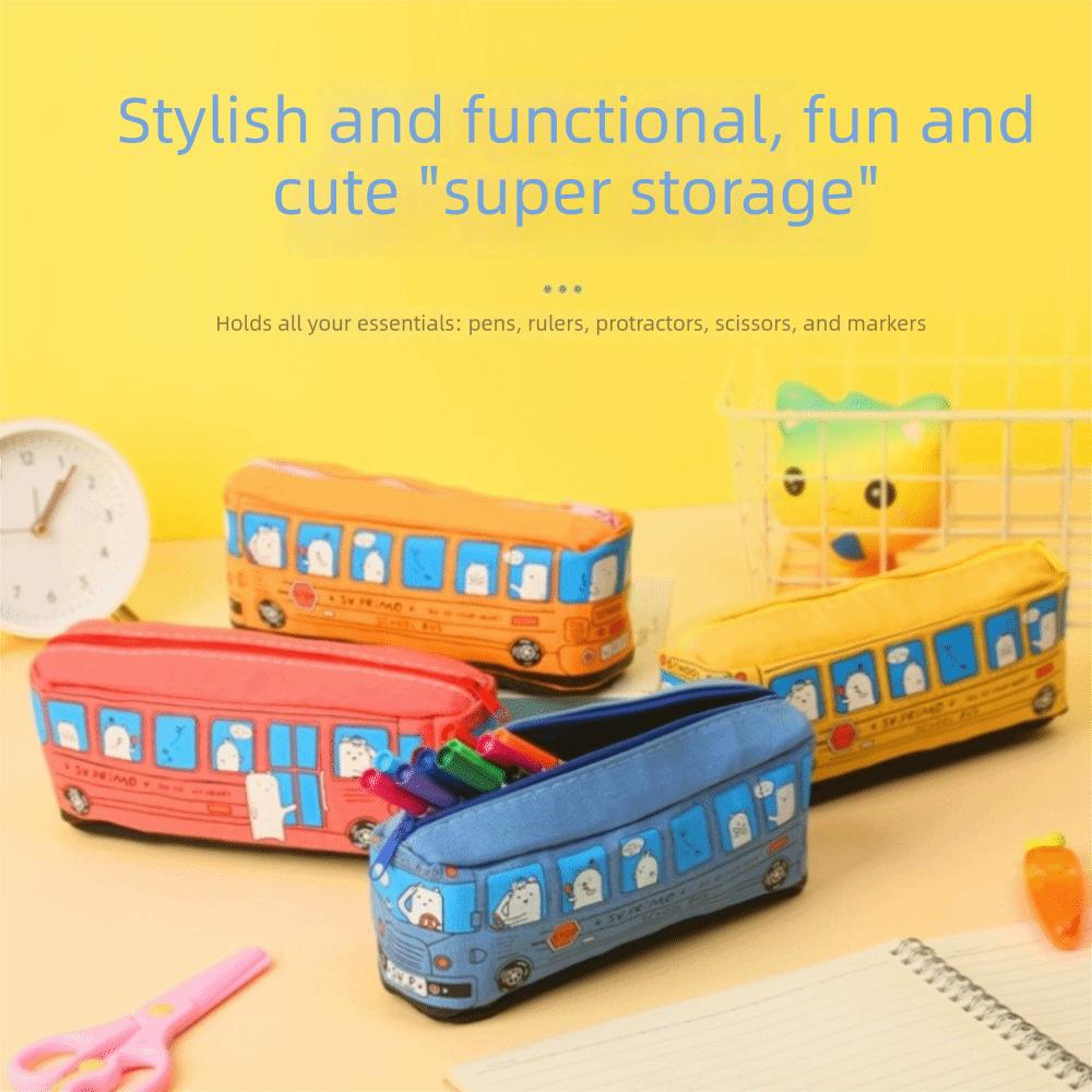 Zipper Closure School Bus Pencil Case Canvas Material Stationery Box Pen Bag Storage Use