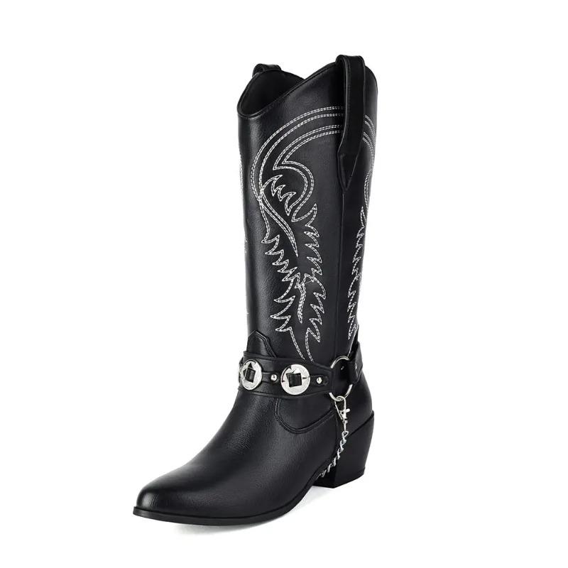 Fashion Plus Size 48 Women's Western Cowboy Boots High Heels Retro Western Boots Embroidery Shoes