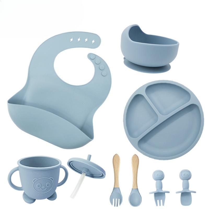 Children's silicone feeding tableware set, with suction cups on the bottom, 8 pieces