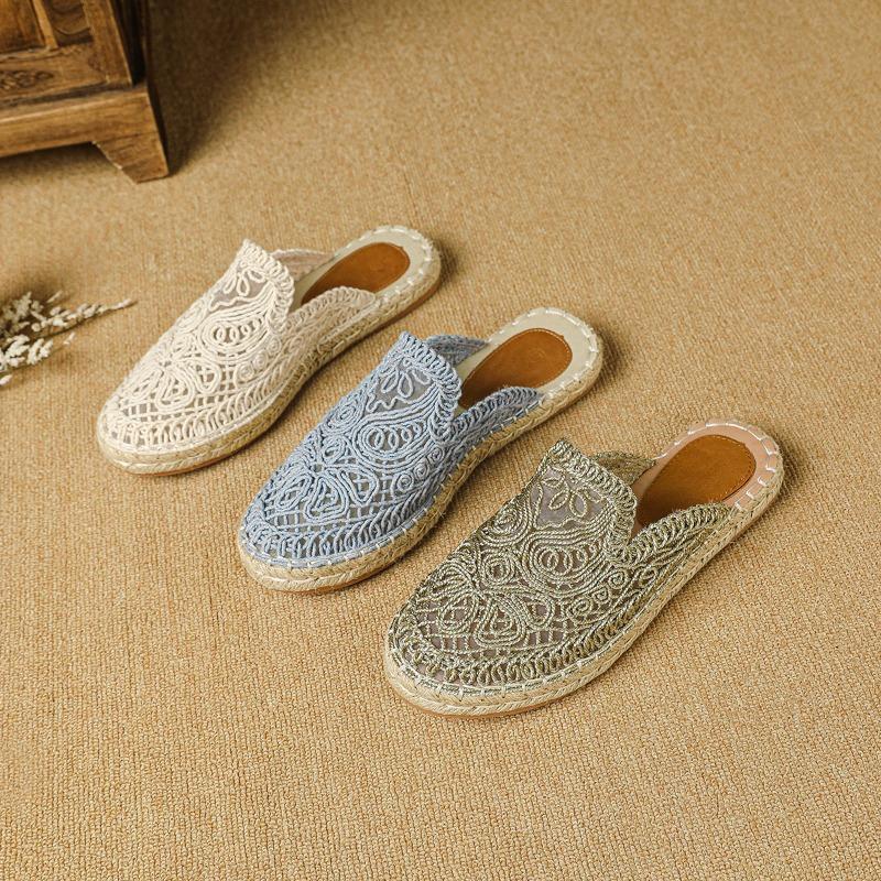 Fashion Flat Shoes Female Slippers Women Summer Slides Fretwork Heels Loafers Cover Toe Fabric Rubber PU Scandals Cotton Round Slippers