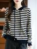 Women's 100% Pure Wool Hooded Knitwear, Loose Fit with Drawstring Stripes, Autumn/Winter Color Block Cashmere Hoodie