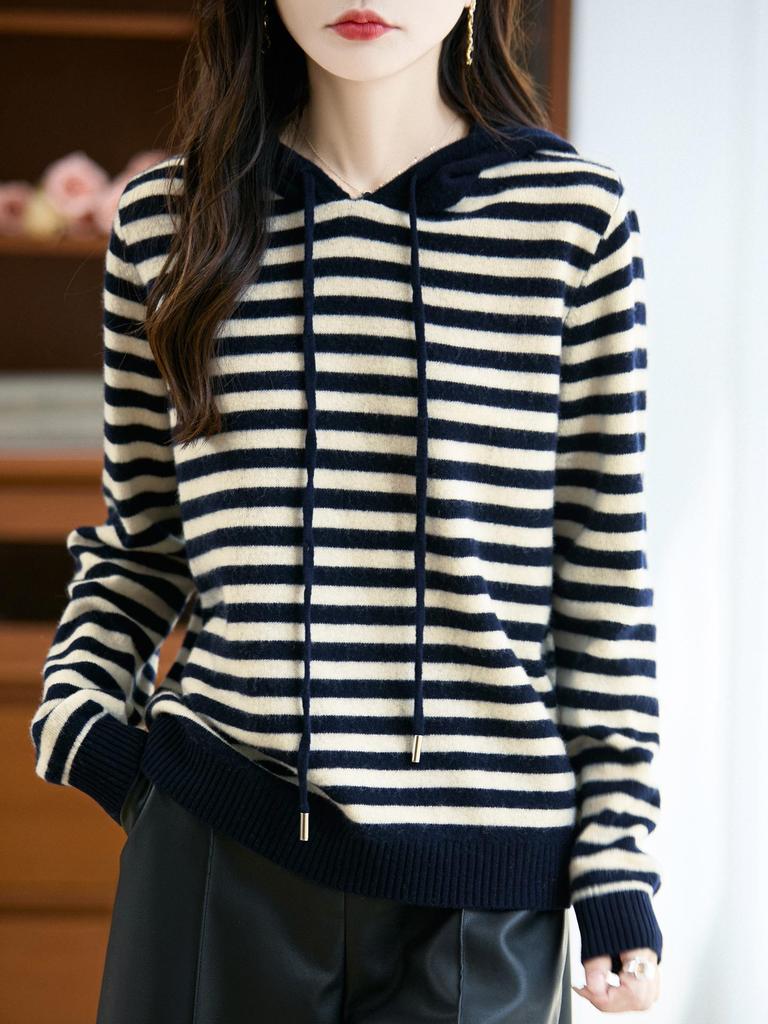 Women's 100% Pure Wool Hooded Knitwear, Loose Fit with Drawstring Stripes, Autumn/Winter Color Block Cashmere Hoodie