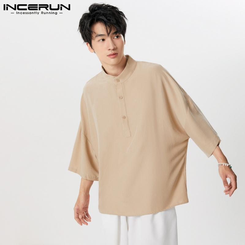 INCERUN Herren 3/4 Ärmel Henley Shirts Stehkragen Casual Tops