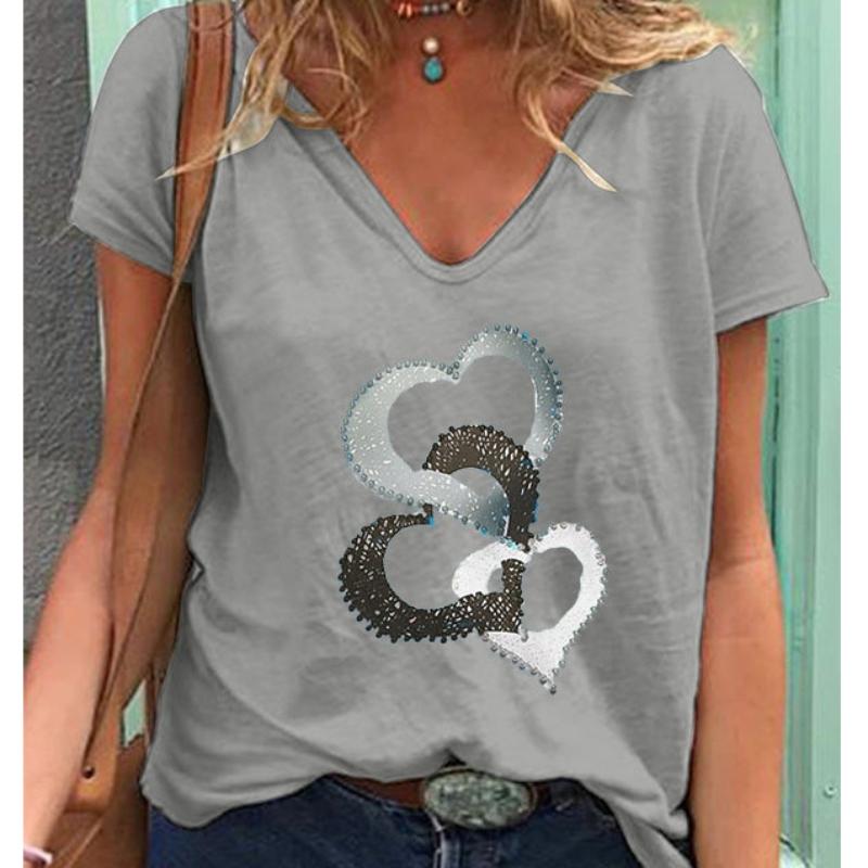 Fashion Spring  Love Print Blouses Short Sleeved V-Neck T Shirts Casual