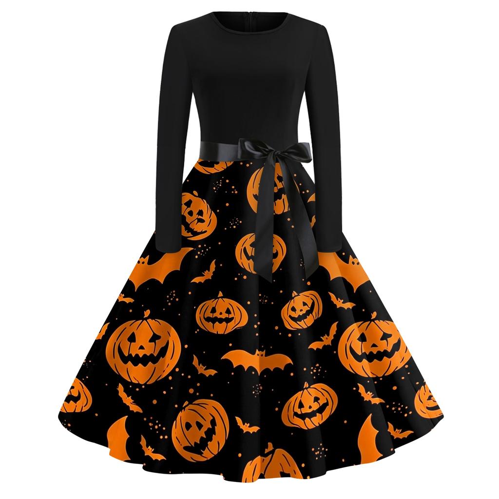 Women Casual Vintage Halloween Print Dress Long Sleeve Round Neck Retro Fit and Flare Midi Dress with Waist Tie Belt