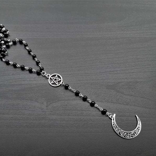 Trendy Gothic Crescent Pentagram Necklace with Black Beads Charm