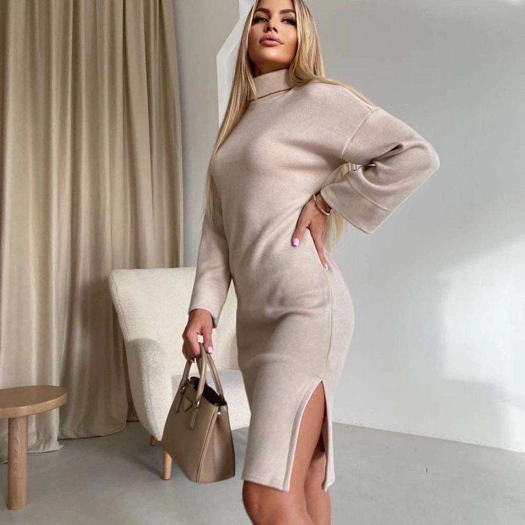 2023 Spring High Neck Long Sleeve Slit Sweatshirt Dress for Women