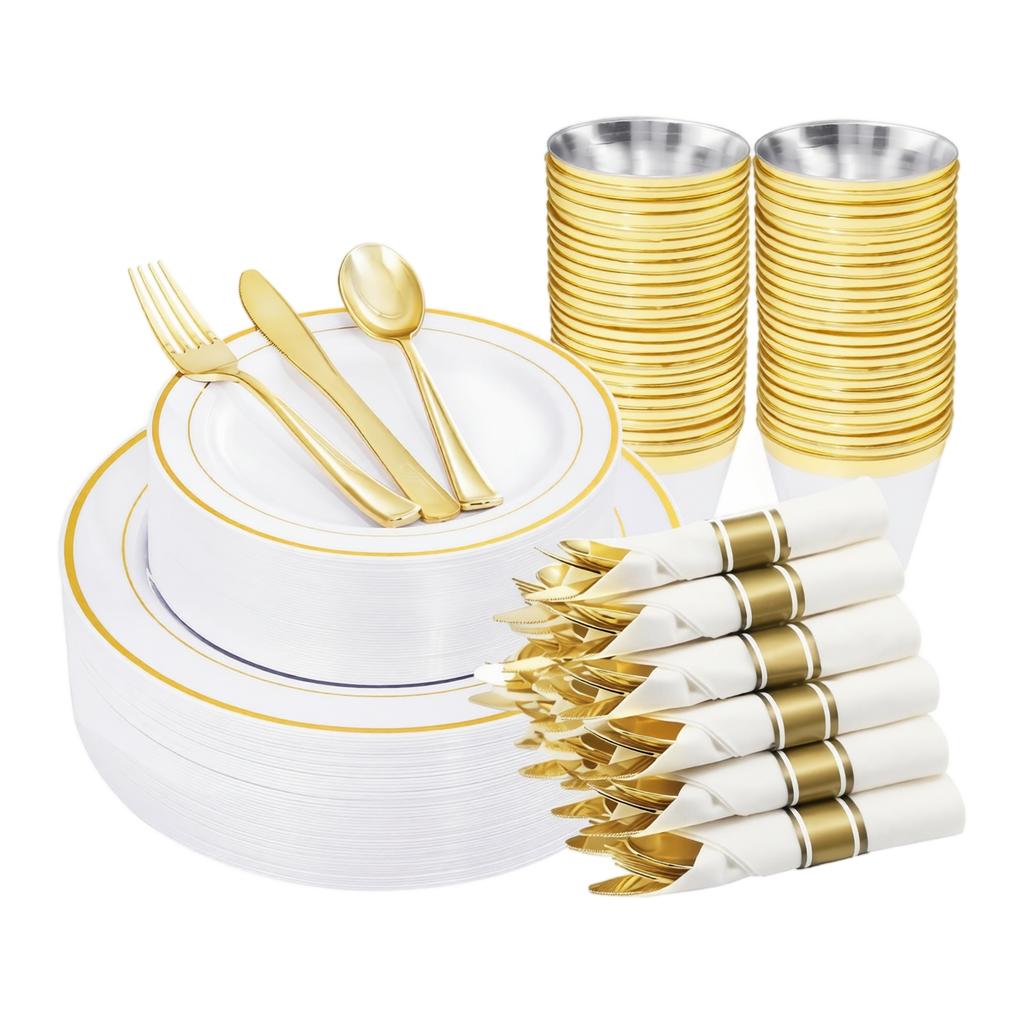 Disposable Party Tableware Set for 10 People Plastic Plates Plastic Cups Forks Knives Spoons Silverware Cutlery Set for Gatherings Events