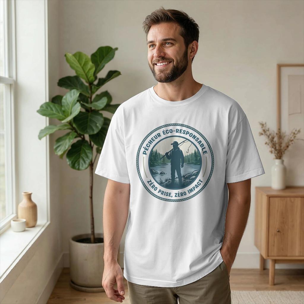 Men's Eco-Responsible Fisherman 0 Catch 0 Impact T Shirt Humor 100% Cotton Tops Cool Short Slee
