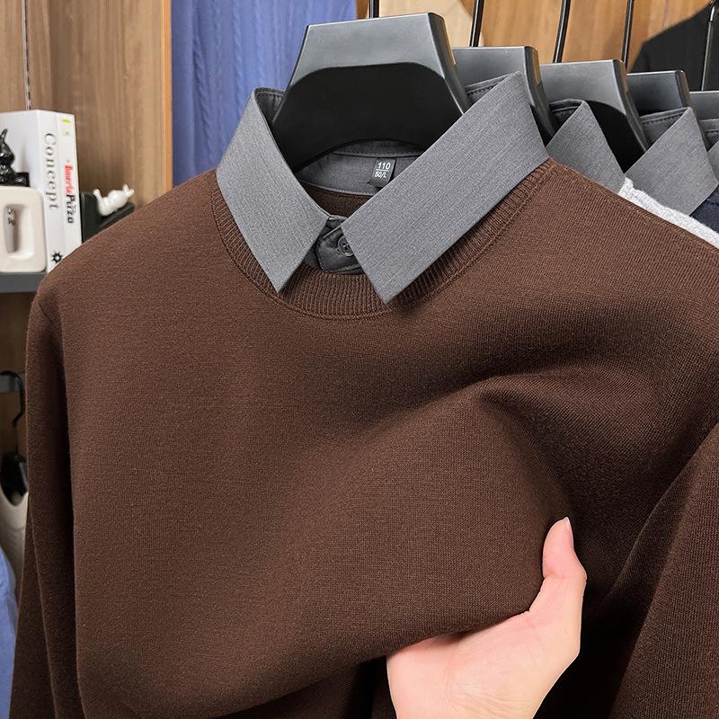 Men s Winter Wool Blend Thickened Knit Shirt with Faux Layer Design L