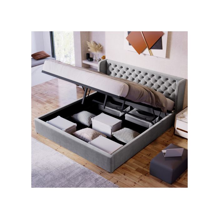 Pat dublu - MUVOE - 180x200 cm - Material catifea gri - Depozitare tip ladă - Design Chesterfield