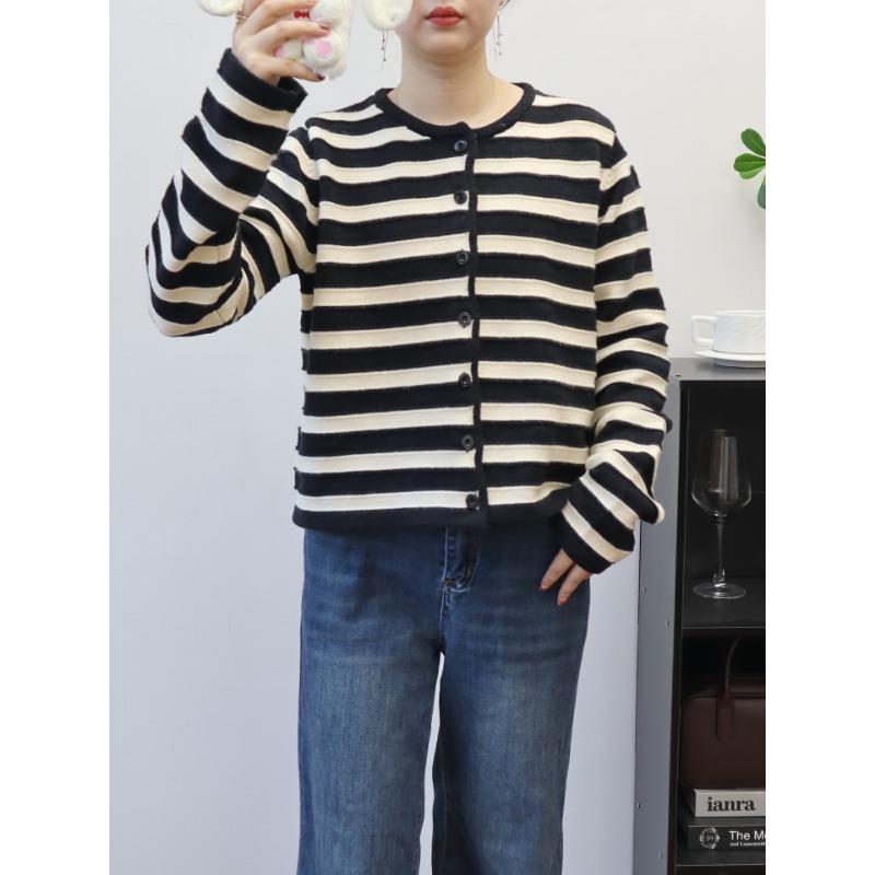 Short Contrasting Striped Knitted Cardigan Autumn and Winter New Soft Waxy Design Loose Sweater Jacket Women