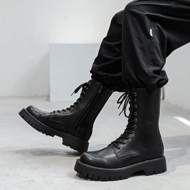 2025New Men's High-top Boots Punk Style Motorcycle Boots Classic Black Casual Leather Boot Lace Up Mid-Calf Platform Boots Botas