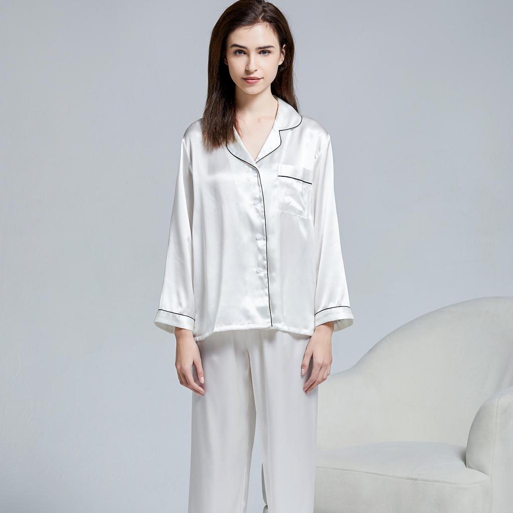 Women's Long Sleeve Silk Pajama Set - 100% Mulberry, Versatile for Spring/Summer, Indoor/Outdoor Wear