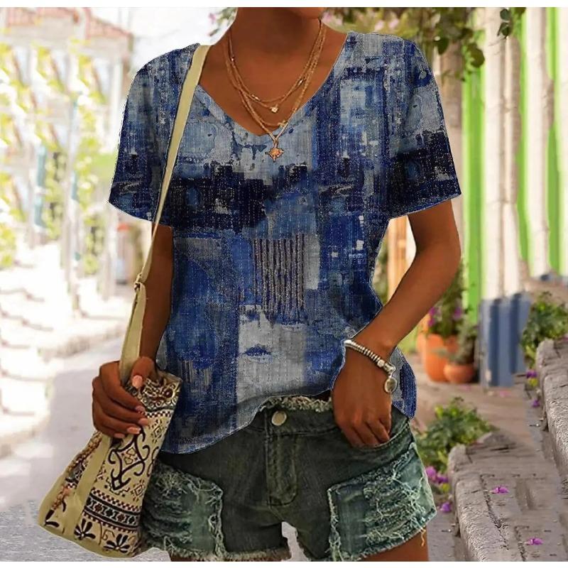 Summer V-neck 3D Retro Denim Plaid Printed Top Fashionable Casual Short Sleeved Women's T-shirts