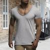 Men Summer T-shirt Short Sleeves V Neck Solid Color Soft Slim Fit Breathable Mid Length Elastic Casual Pullover Men Sport Top