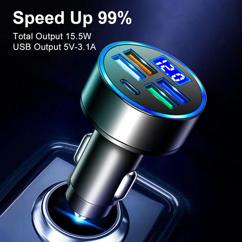 4 Usb Port Type-c Fast Car Charger Led Digital Display Real Time Monitor With Voltage Detection