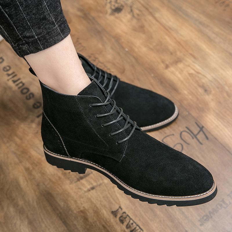 Fashion Brand Cow Suede Leather Men's Boots Men Business Casual High Top Leather Shoes Autumn Winter with Fur Fashion Oxfords For Men