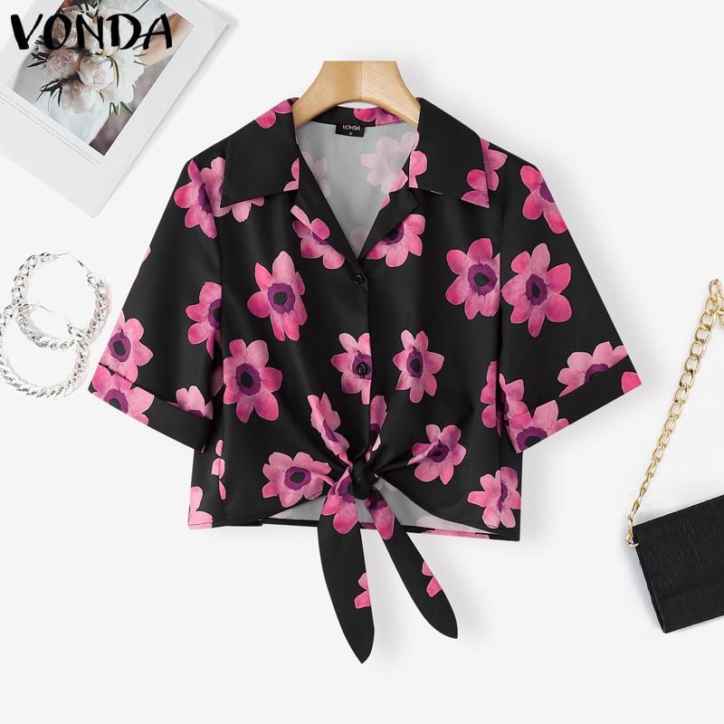 

VONDA Women Summer Short Sleeve Front Knot Elegant Floral Print Casual Holiday Cropped Blouse 2XL темно-розовый
