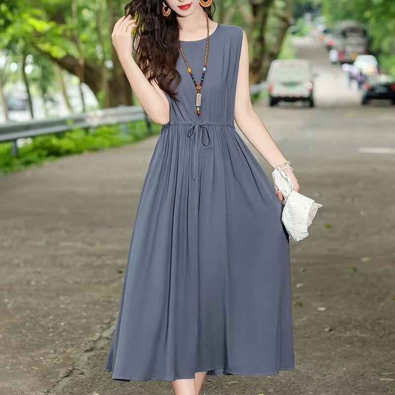 New Summer Floral Cotton-Silk Sleeveless Dress - Plus Size, Loose Fit, Slimming, Vacation Style Mom’s Long Dress