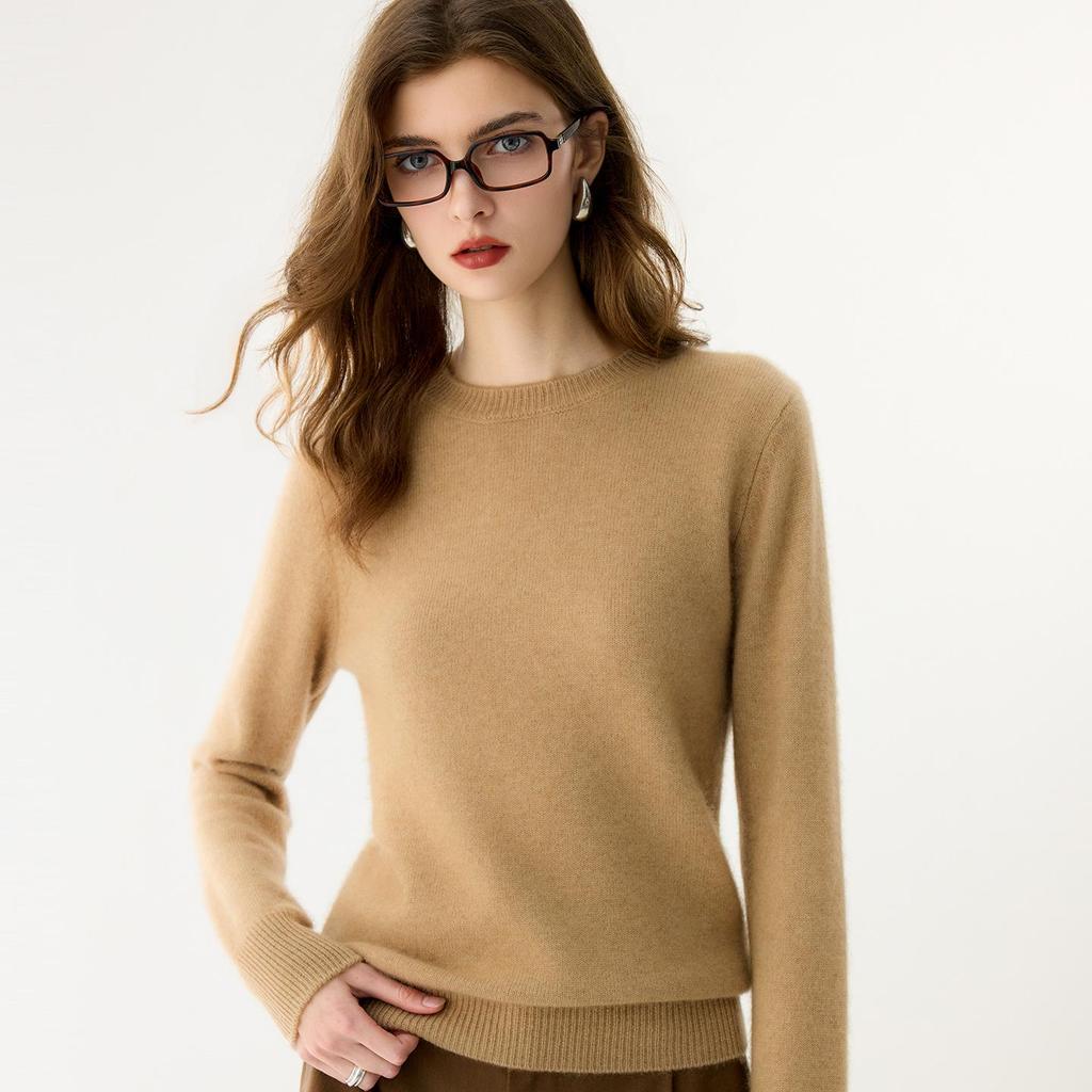 Women's Round Neck Cashmere Sweater - Solid Color, Thick Base Layer, Long Sleeves for Autumn/Winter