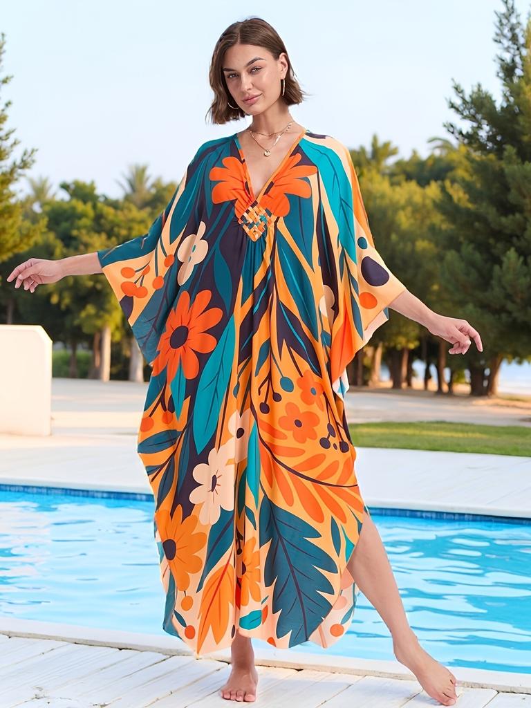 Vacation dress, long robe, loose positioned print beach cover-up, bikini dress